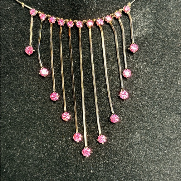 Hot Pink Waterfall Crystal Necklace on Black Metal Chain - Picture 2 of 6